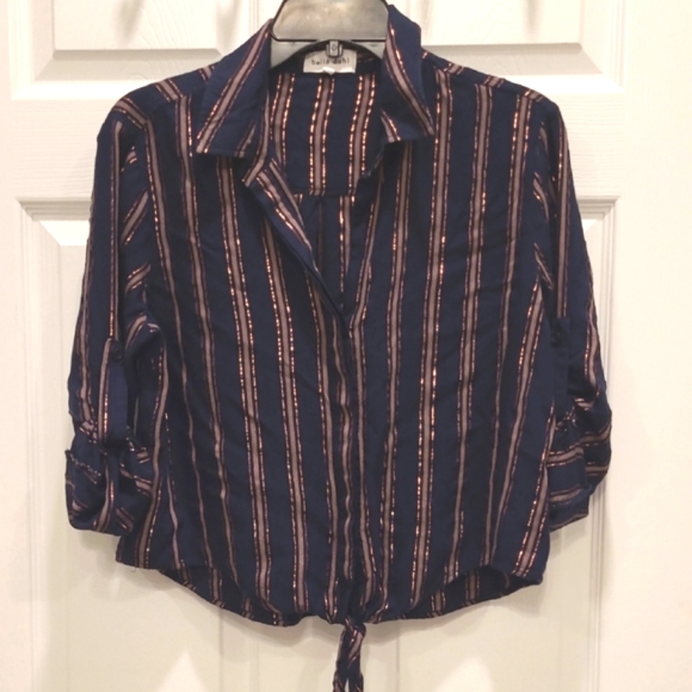 Bella Dahl Cropped Tie Front Button Up Adjustable Sleeve Copper Blouse Sz Med - Picture 2 of 13
